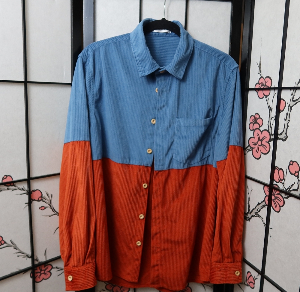Charmkpr Colorblock Blue and Orange Corduroy Men's Button UpShirt